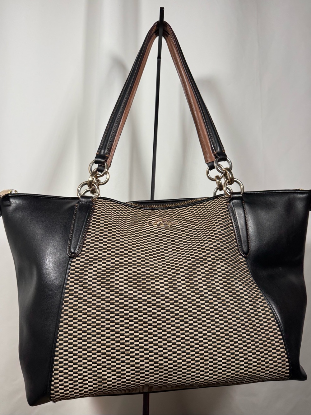 Coach Black and Beige Woven-Pattern Shoulder Tote with Brown Trim